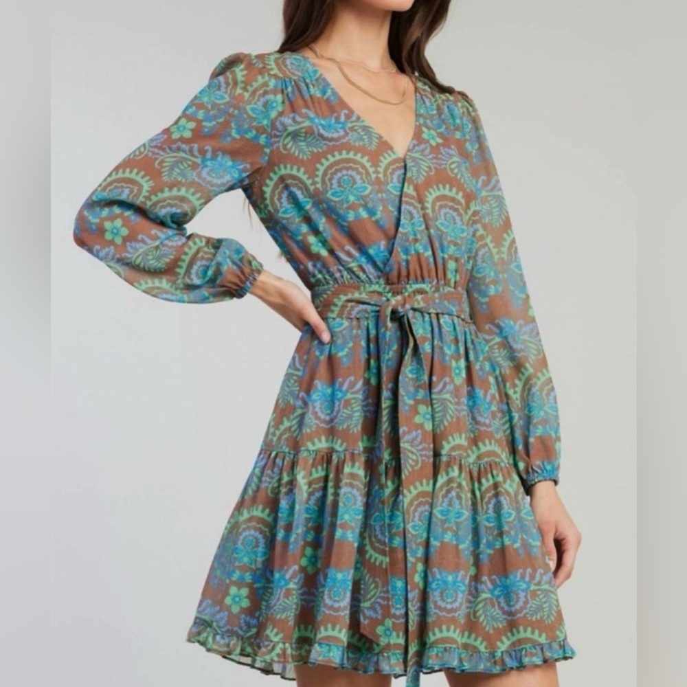 NWT Current Air Brown, Blue, & Green Floral Print Long Sleeve Mini Dress Small